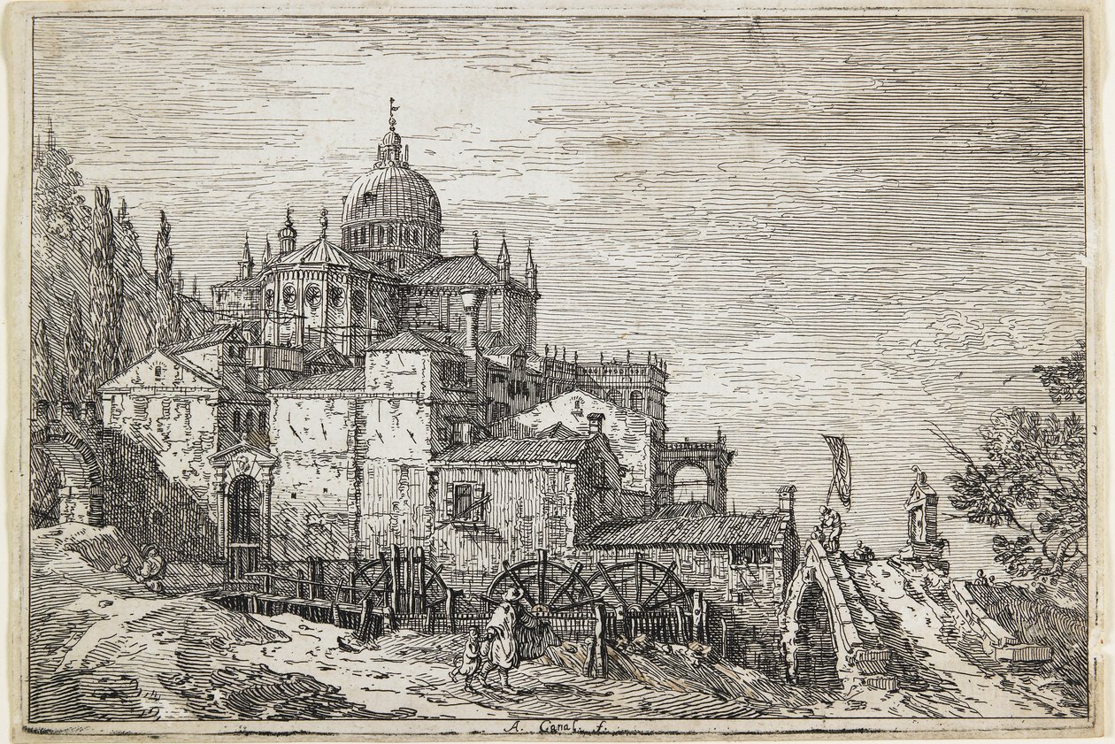 Landskap med kirke, hus og mølle av Giovanni Antonio Canal