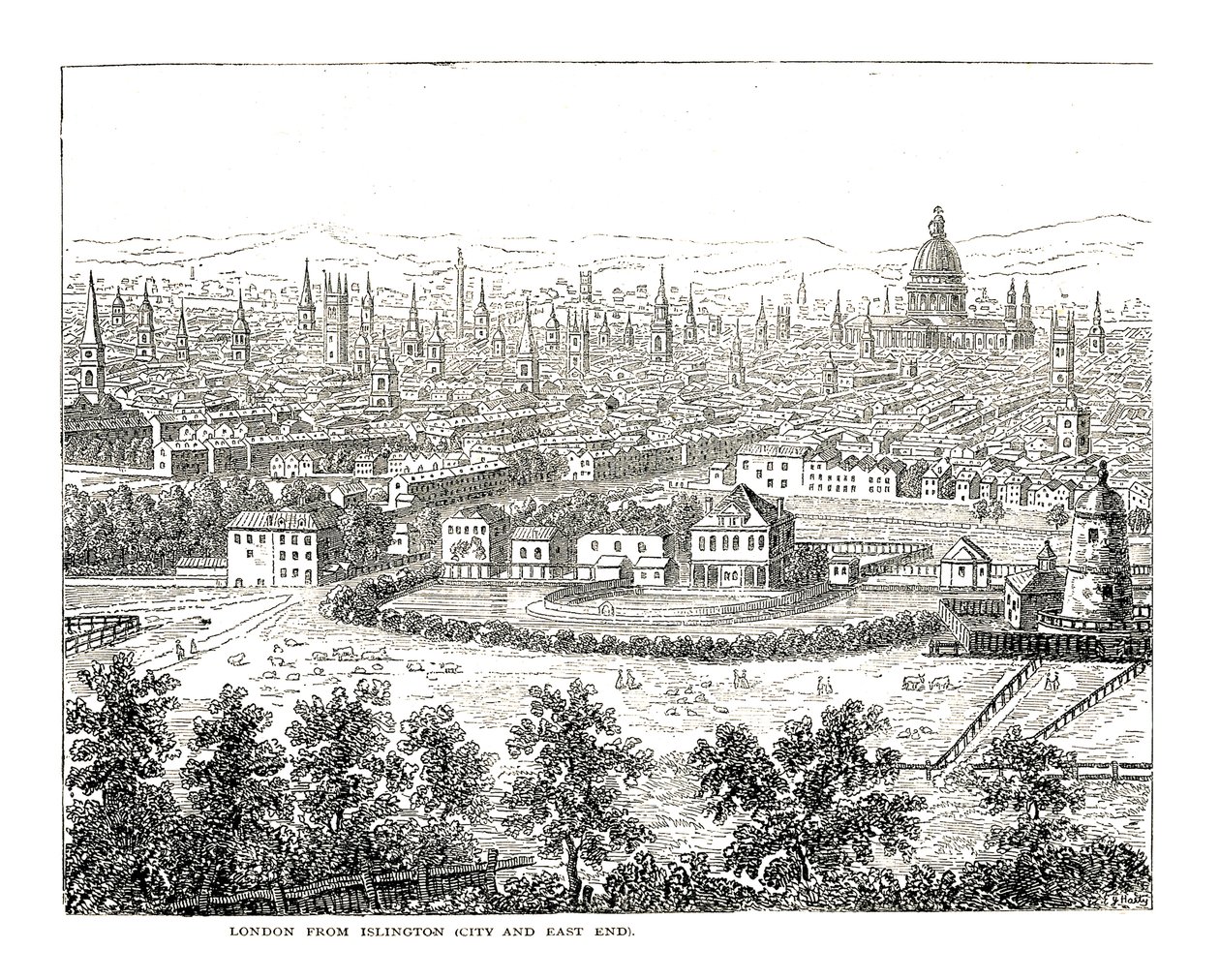 London fra Islington City og East End. Fra en visning av Canaletti, utgitt 1753 av Giovanni Antonio Canal