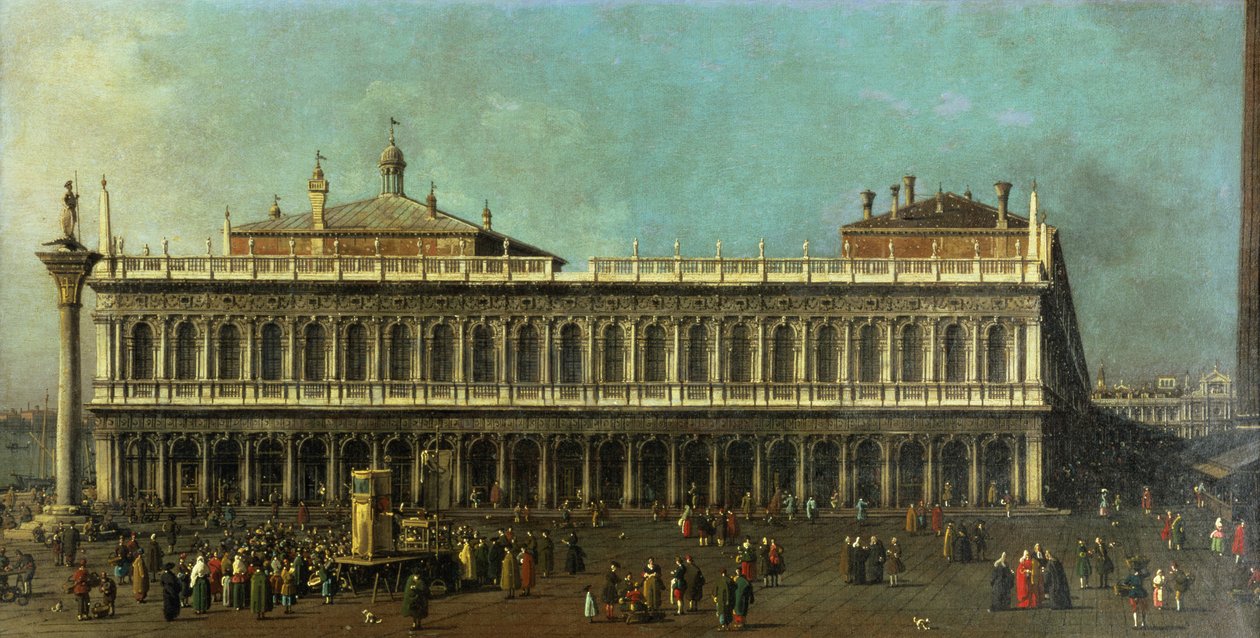 Biblioteket og Piazzettaen, Venezia, ser vestover med tallrike figurer og et dukketeater, ca. 1740 av Giovanni Antonio Canal
