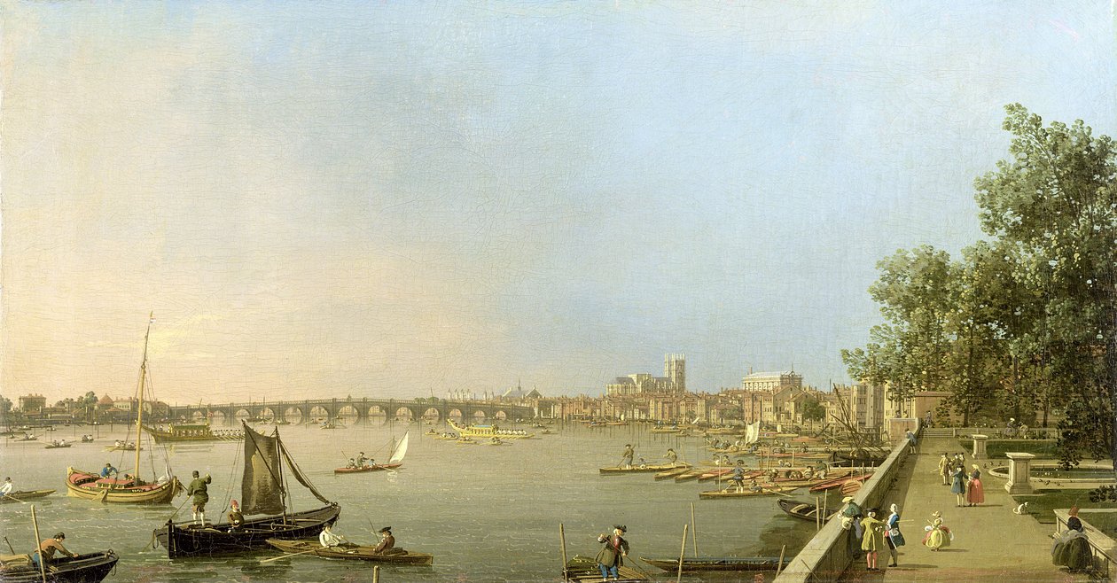 Themsen fra terrassen til Somerset House, ser oppstrøms mot Westminster og Whitehall, ca. 1750 av Giovanni Antonio Canal
