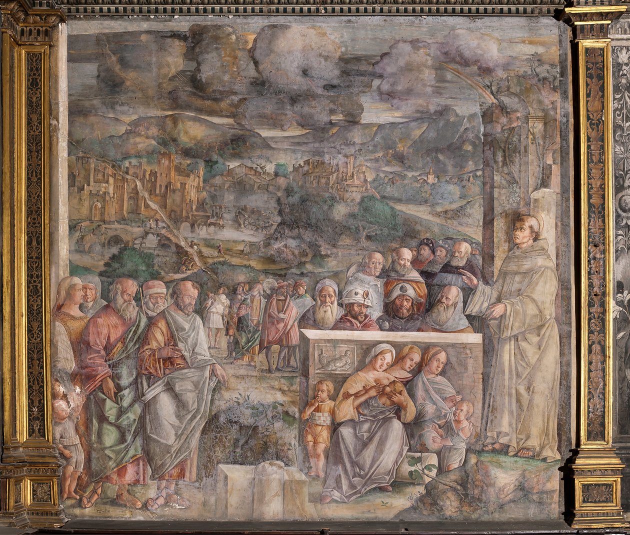 St. Anthony ankommer Padua, hvor han gjenoppretter freden mellom innbyggerne med styrken og søtheten fra sin forkynnelse, School of the Saint av Giovanni Antonio Corona