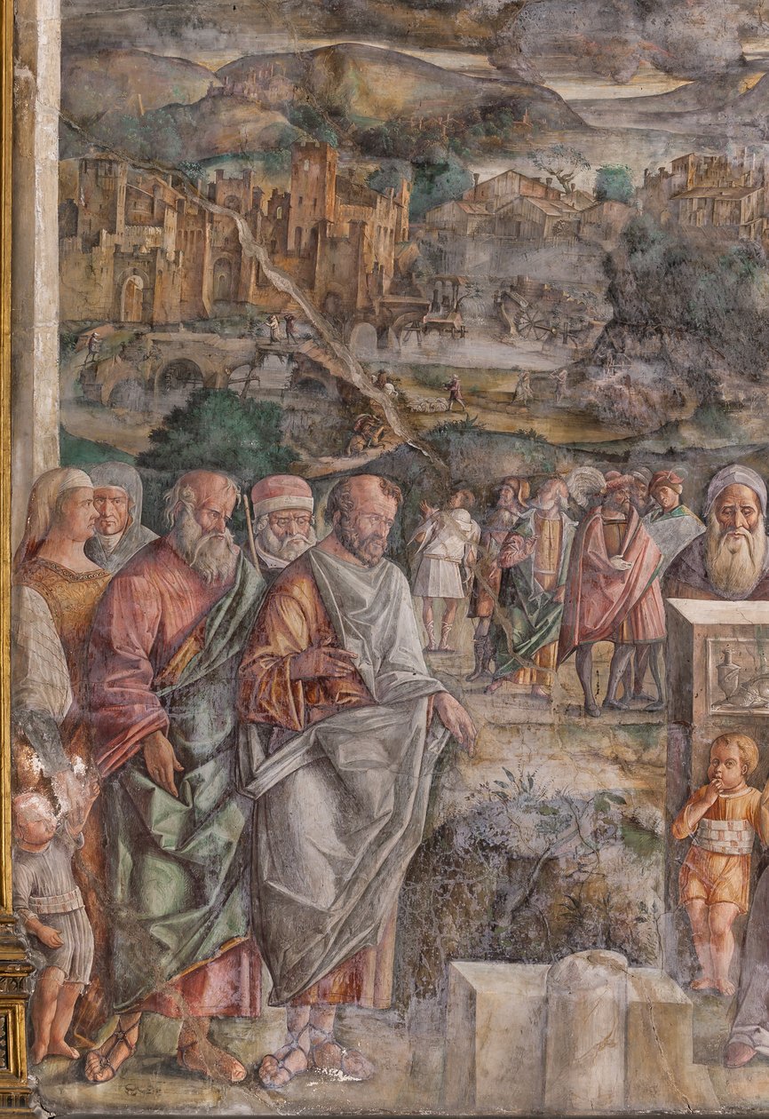 St. Anthony ankommer Padua, hvor han gjenoppretter freden mellom innbyggerne med styrken og søtheten til sin forkynnelse, School of the Saint, detalj av 2196876 av Giovanni Antonio Corona