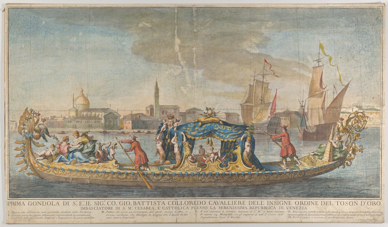 Den svært utsmykkede første gondolen til ambassadør Giovanni Battista Colloreado på vei inn i..., 1720-30. av Giovanni Antonio Faldoni
