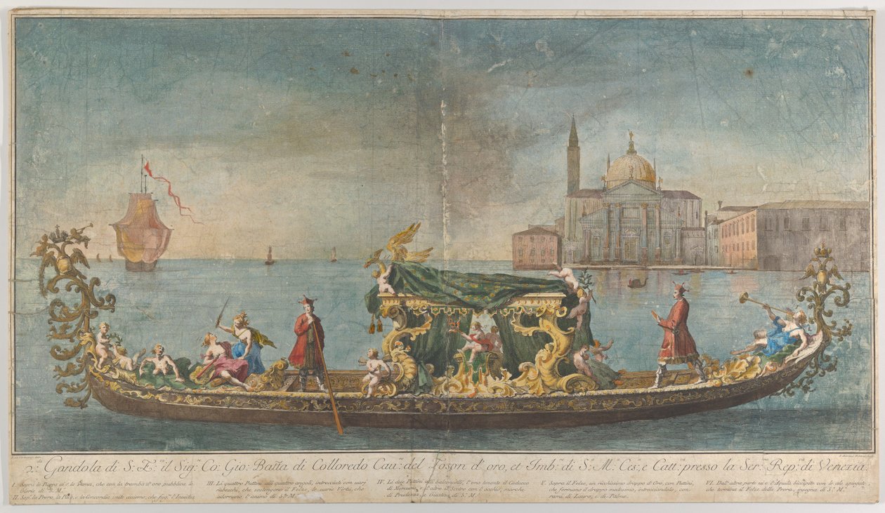 Den svært utsmykkede andre gondolen til ambassadør Giovanni Battista Colloreado enterin..., 1720-30. av Giovanni Antonio Faldoni