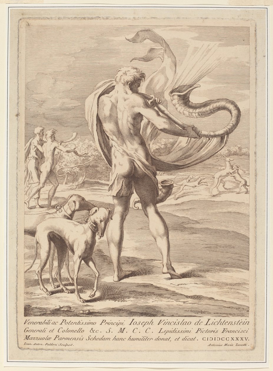 Naken mann blåser en konkylie av Giovanni Antonio Faldoni after Parmigianino