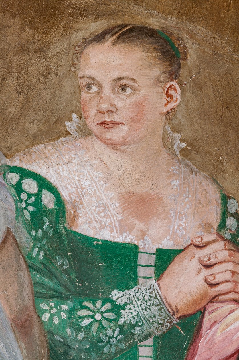 Kvinnefigur, detalj av The Clemency of Scipio, Room of the peis, ca. 1560-65 (fresco) av Giovanni Antonio Fasolo