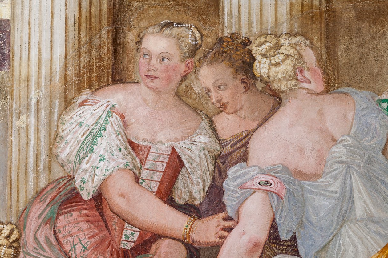 Kvinnefigur, detalj av The Clemency of Scipio, Room of the peis, ca. 1560-65 (fresco) av Giovanni Antonio Fasolo