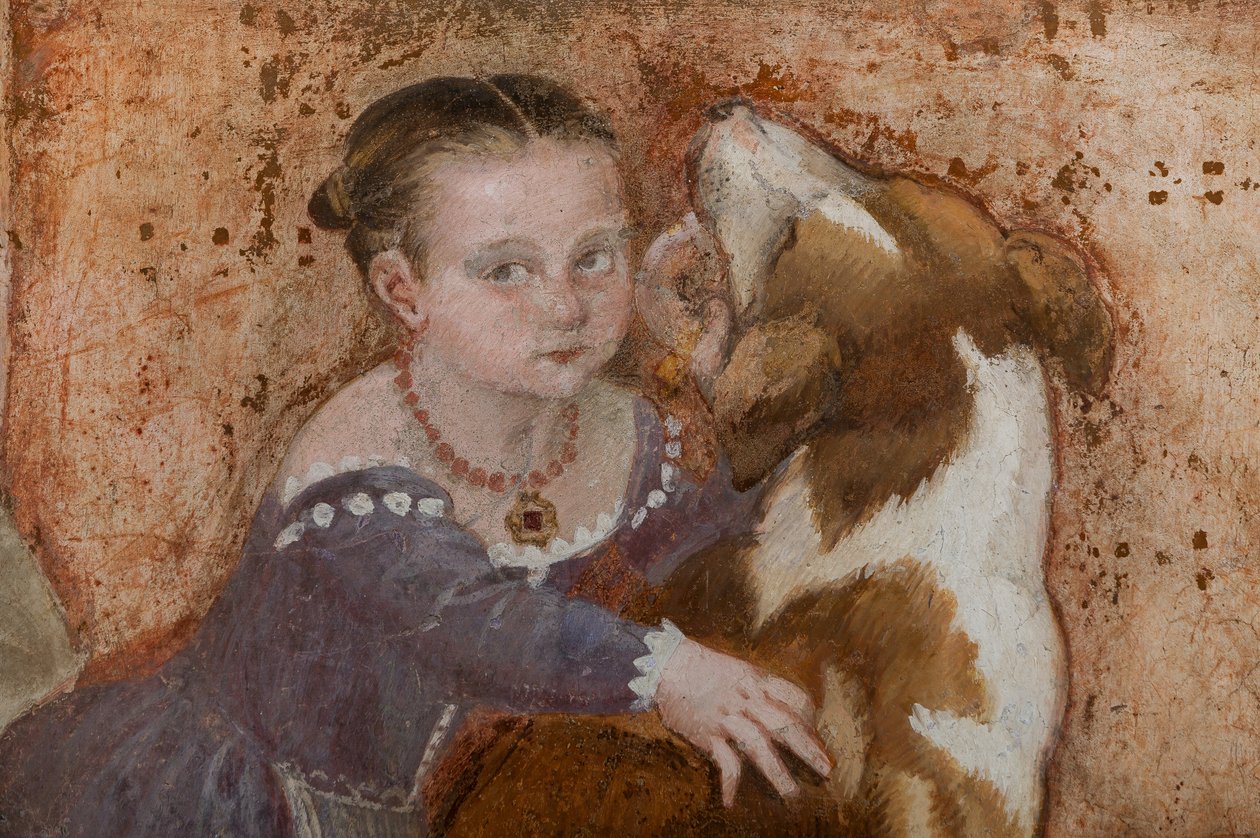 Liten pike og hund, detalj av The Banquet, ca. 1570 (fresco) av Giovanni Antonio Fasolo