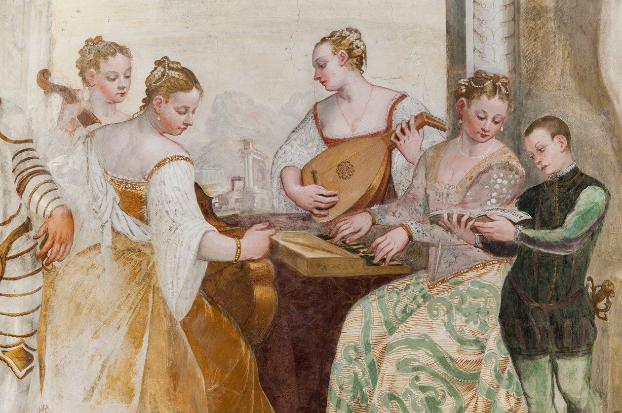 Ung gutt og hoffdamer, detalj av The Concert, Main Hall, ca. 1570 (fresco) av Giovanni Antonio Fasolo