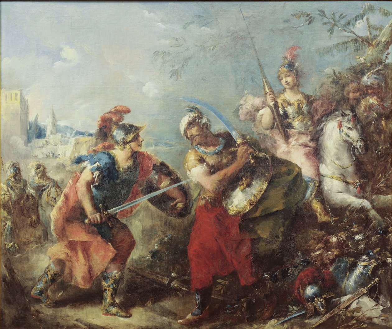 Kampen mellom Tancred og Argante med Clorinda i bakgrunnen av Giovanni Antonio Guardi