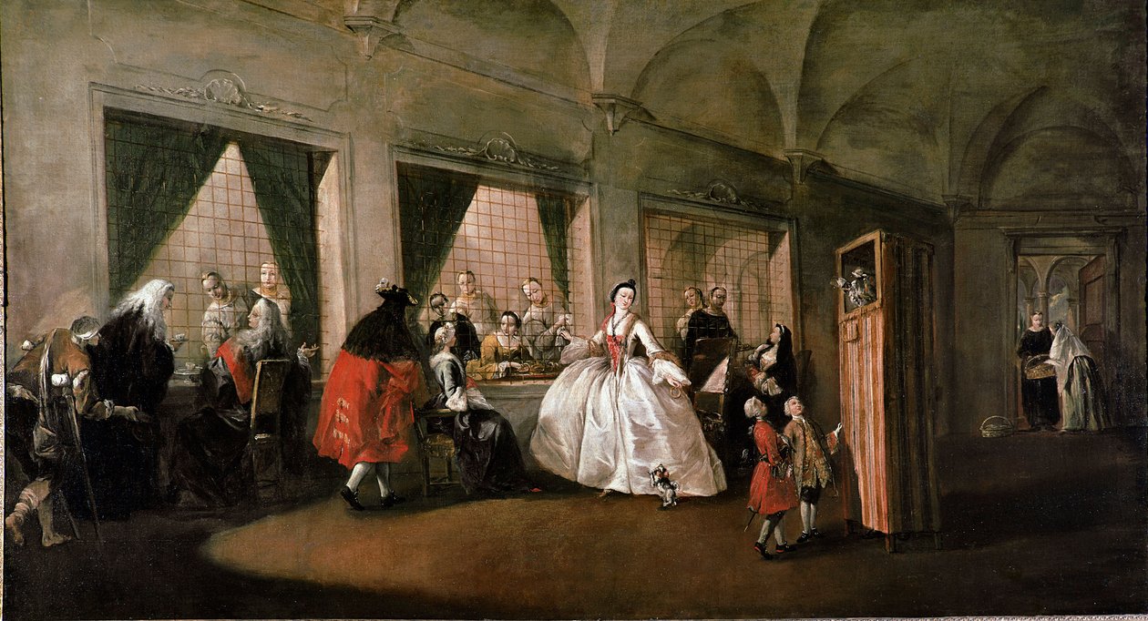 Salongen sett fra klosteret til kirken San Zaccaria i Venezia, nonnene snakker med de besøkende, det arrangeres et dukketeater for barn. Maleri av Gianantonio Guardi eller Giovanni Antonio Guardi (1699-1760) Søn fra 1700-tallet. 108x208 cm Venezia, M av Giovanni Antonio Guardi