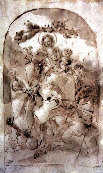 Jomfru og barn med St. Dominic, St. Theresa og St. Coribian, ca. 1745 (brun vask over rødt kritt) av Giovanni Antonio Guardi
