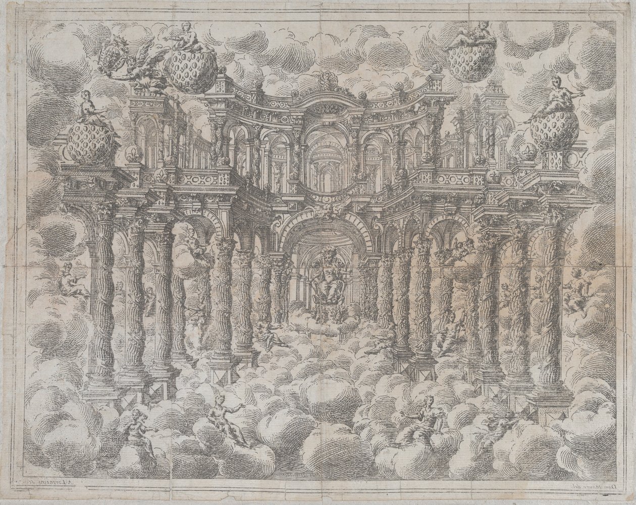 Plate 2 [motsikker]: Scenesett med allegoriske figurer sittende blant skyene, med en..., 1690. av Giovanni Antonio Lorenzini