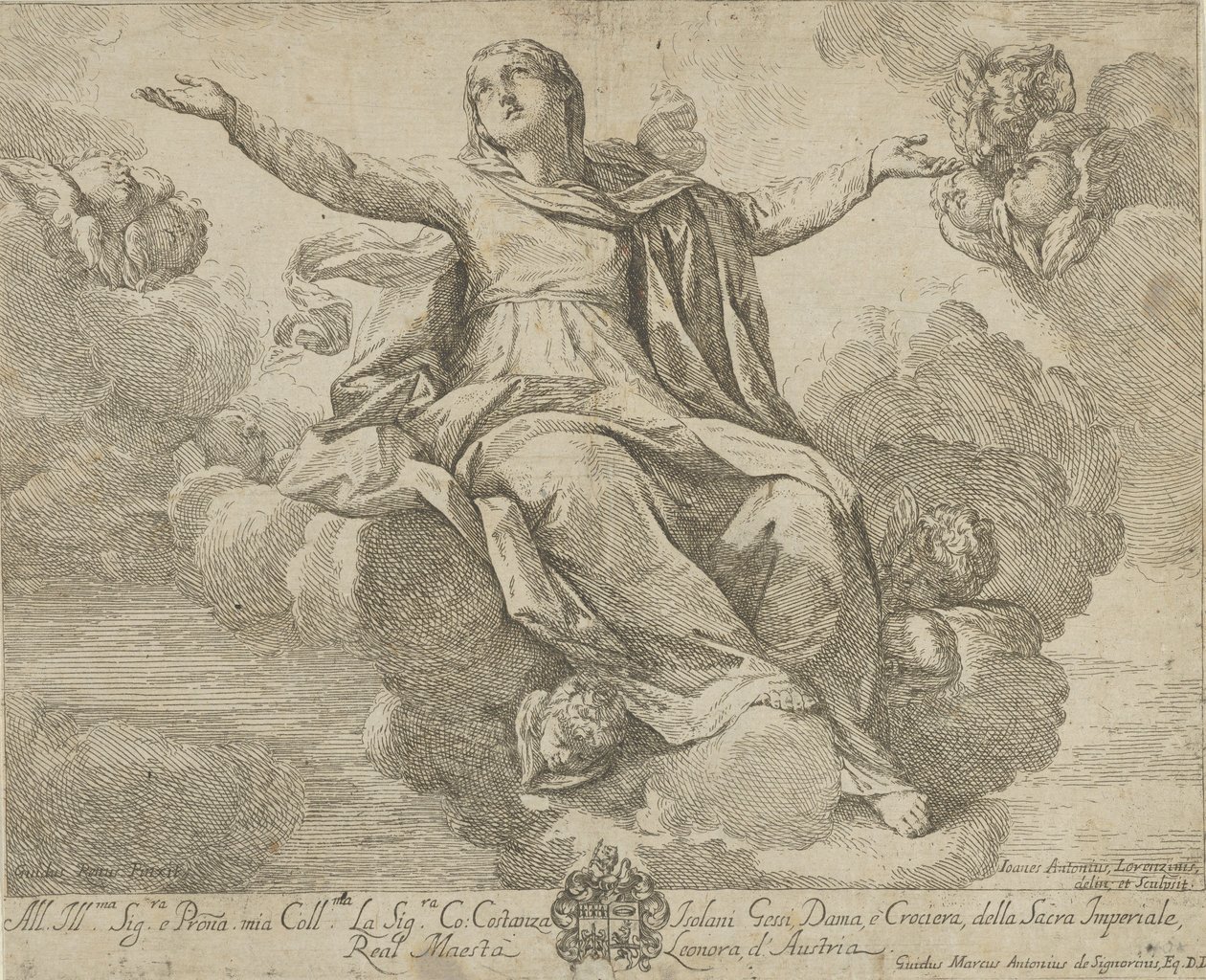 The Assumption of the Virgin, som sitter i skyene med armene utstrakt, ang..., 1685-1720. av Giovanni Antonio Lorenzini