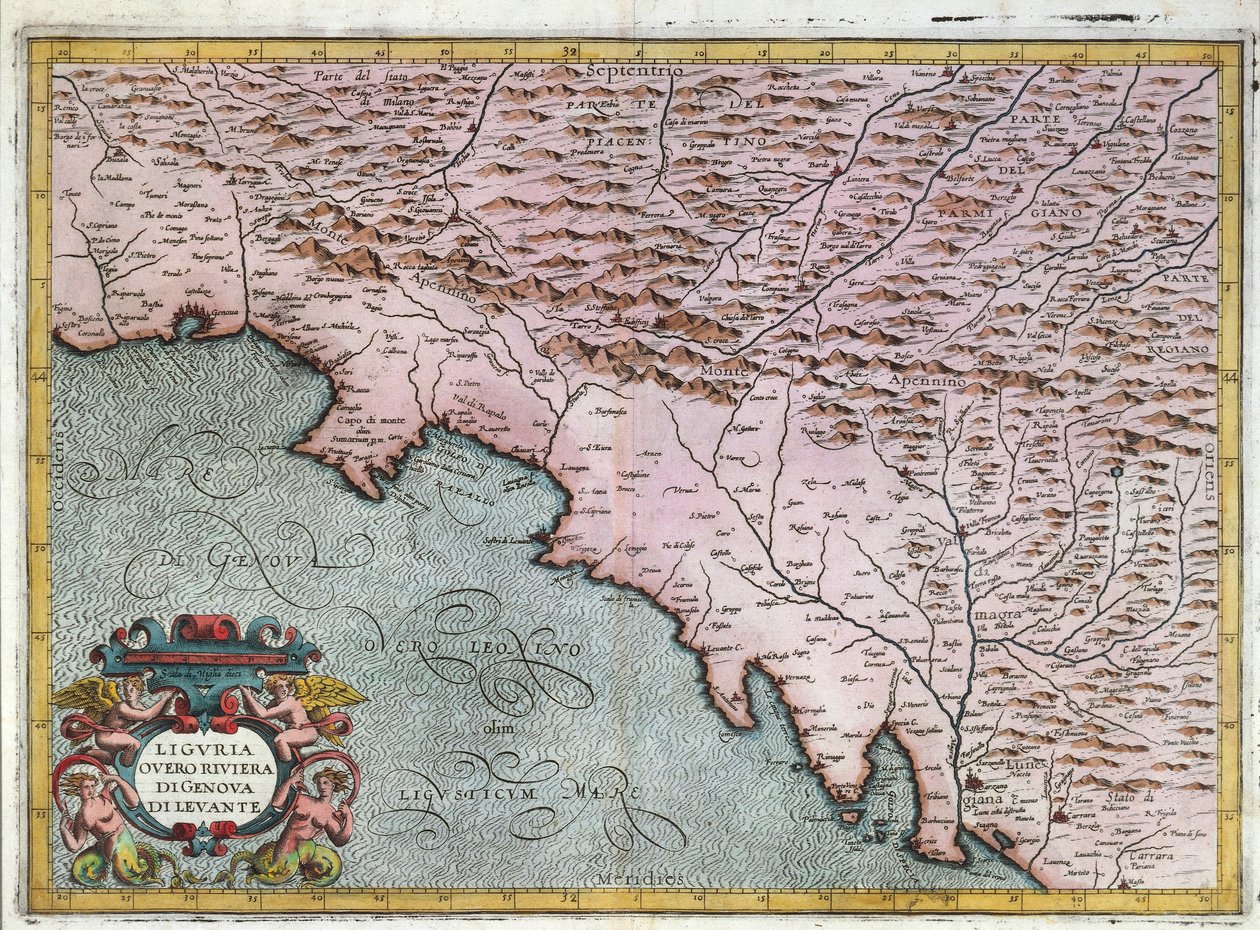 Kart over Østliguria-regionen, av Giovanni Antonio Magini, Bologna, Kobbergravering av Giovanni Antonio Magini