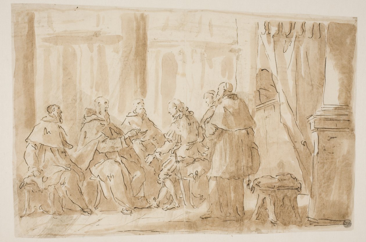 En gruppe på fem prester som snakker med en lekmann av Giovanni Antonio Pellegrini