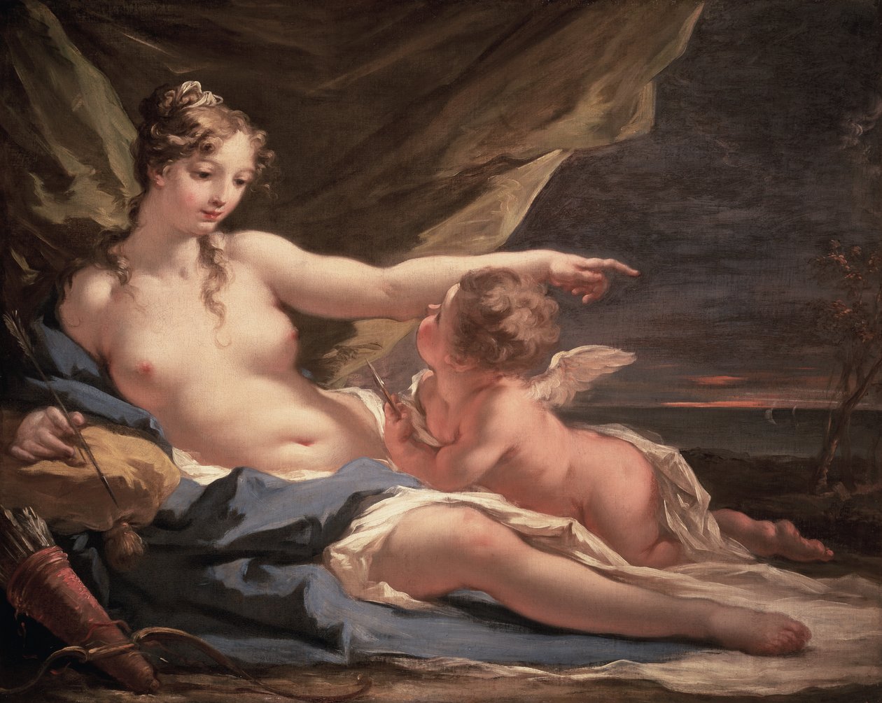 Venus og Amor (olje på lerret) av Giovanni Antonio Pellegrini