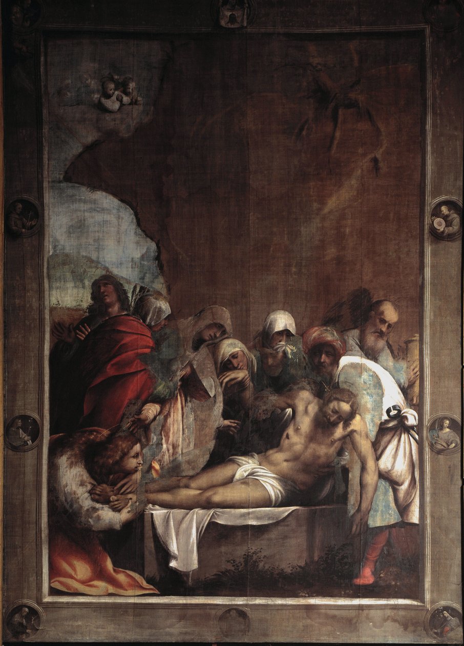 La deposition du christ (deponering av Kristus) Maleri av Giovanni Antonio de Sacchis kalt il Pordenone (1484-1539) 1529-1530 Søn 391x291 cm Cortemaggiore (Piacenza), Chiesa dell Annunziata Italia av Giovanni Antonio Pordenone