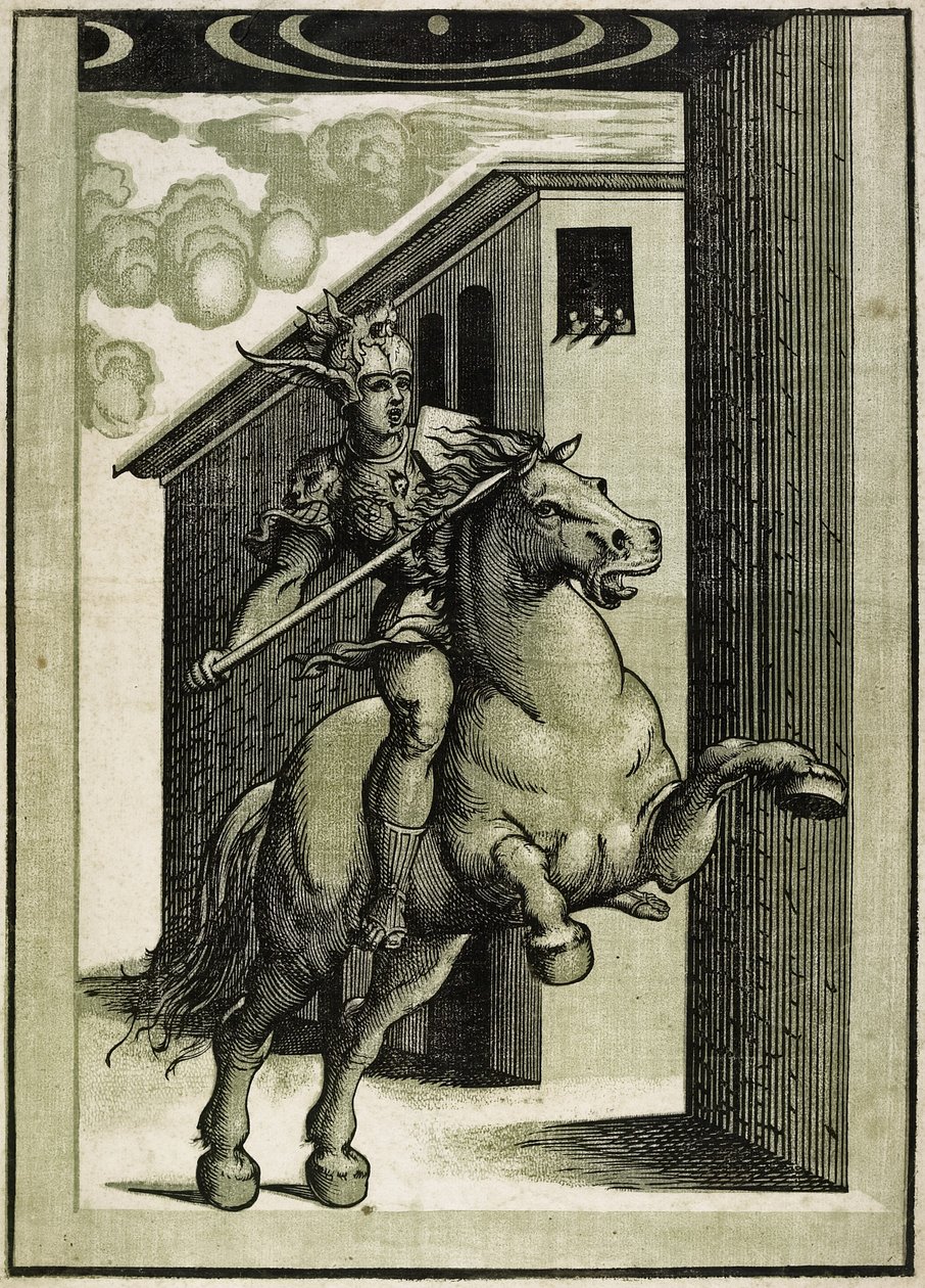 Marcus Curtius, ca. 1540 (chiaroscuro tresnitt fra 3 blokker) av Giovanni Antonio Pordenone
