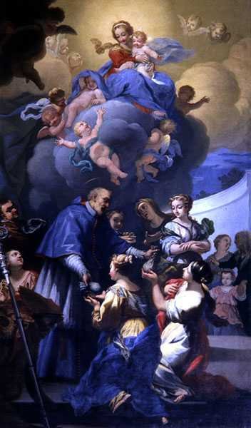 St. Nicholas deler ut sine tre poser med gull, ca. 1705 (olje på lerret) av Giovanni Antonio Pucci