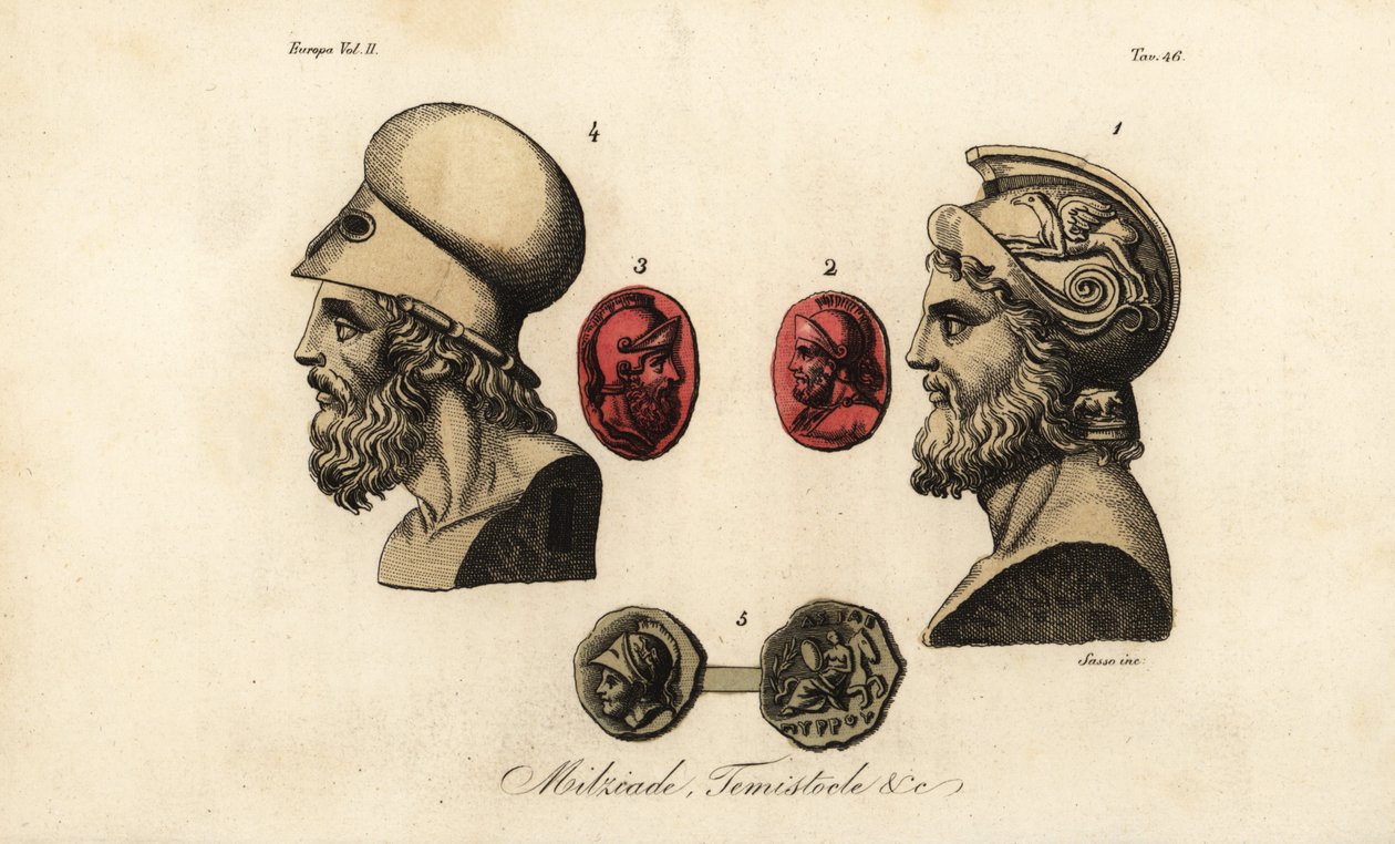 Byster og edelstener av athenske politikere Miltiades den yngre 1,2, Themistokles 3,4 og kong Pyrrhus I 5 av Giovanni Antonio Sasso