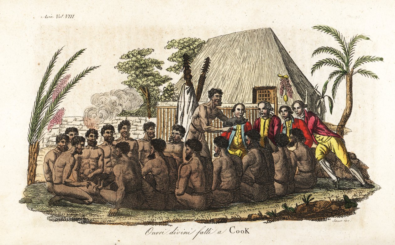 Hawaiianske innfødte tilbyr en offergris til kaptein James Cook foran 12 prester og et treidol i det hellige Orono-huset. Håndfarget kobberplate gravert av Sasso etter John Webber fra Giulio Ferrario