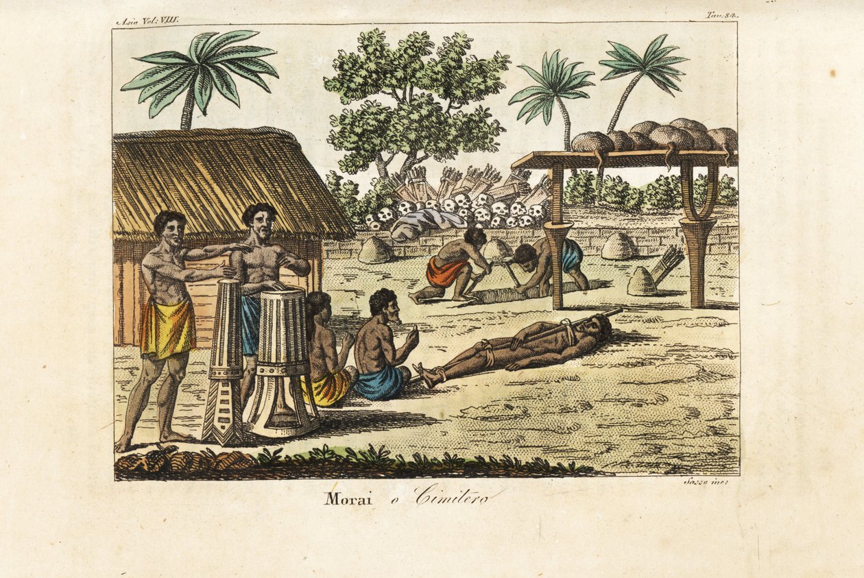 Menneskeofring i en hellig marae (Morai) eller kirkegård, Tahiti. Trommeslagere til venstre, et svinbundet offer og to gravegravere som graver en grav foran en haug med menneskehodeskaller og pilkogger. Håndfarget kobberplate gravert av Sasso etter John We av Giovanni Antonio Sasso