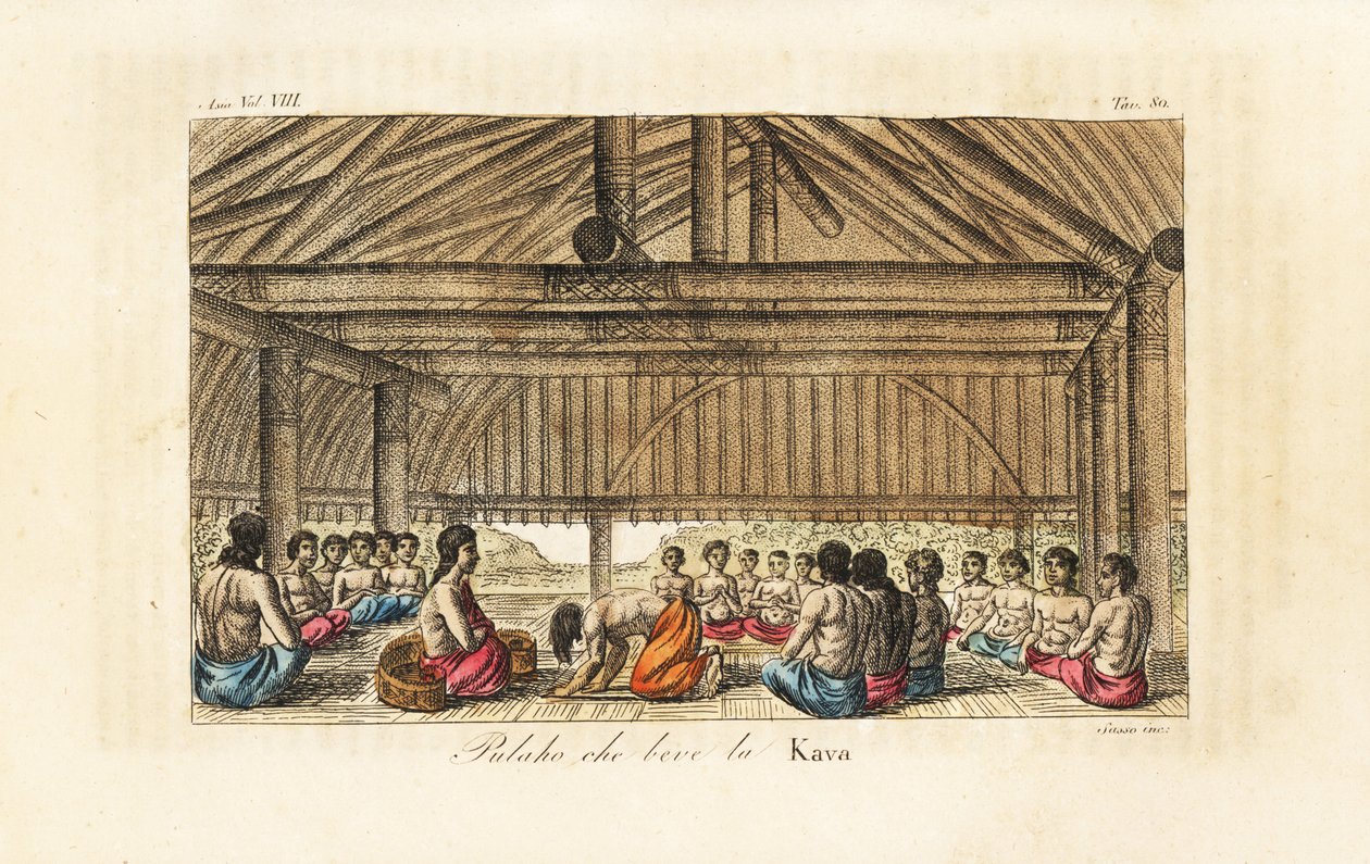 Kong Polaho drikker kava i et langhus, Tonga (vennlige øyer). Håndfarget kobberplate gravert av Sasso etter John Webber fra Giulio Ferrario