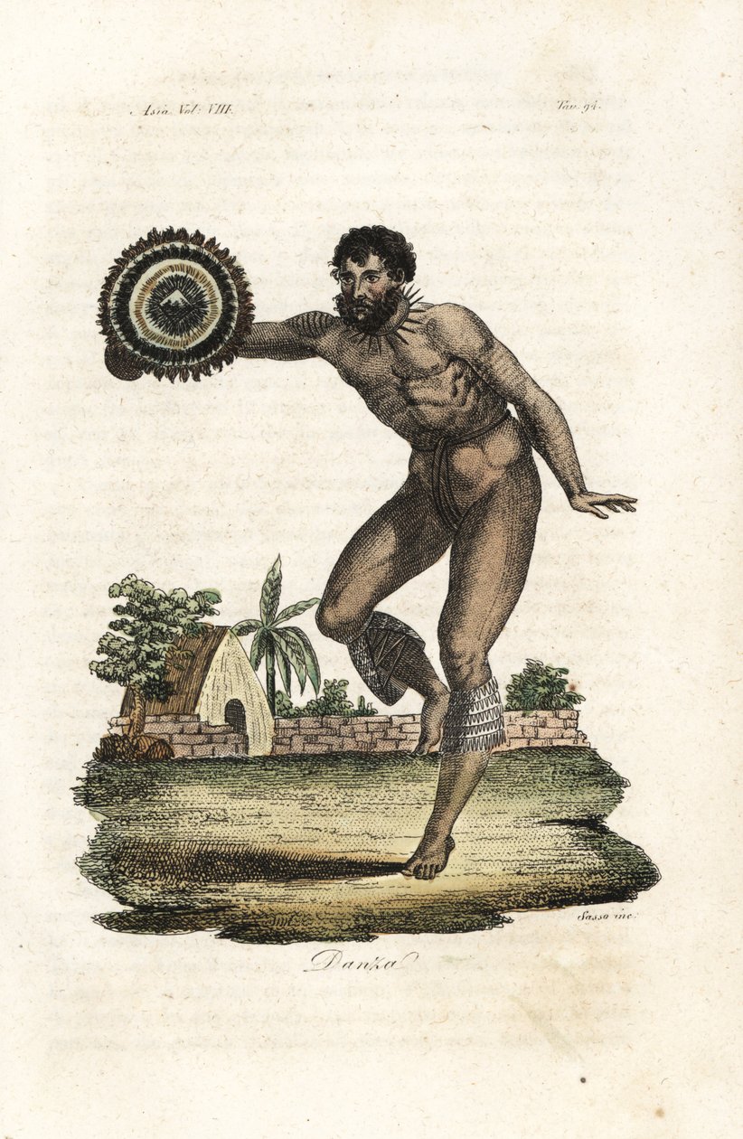 Naken tatovert mann fra Hawaii (Sandwichøyene) danser for kaptein James Cook av Giovanni Antonio Sasso