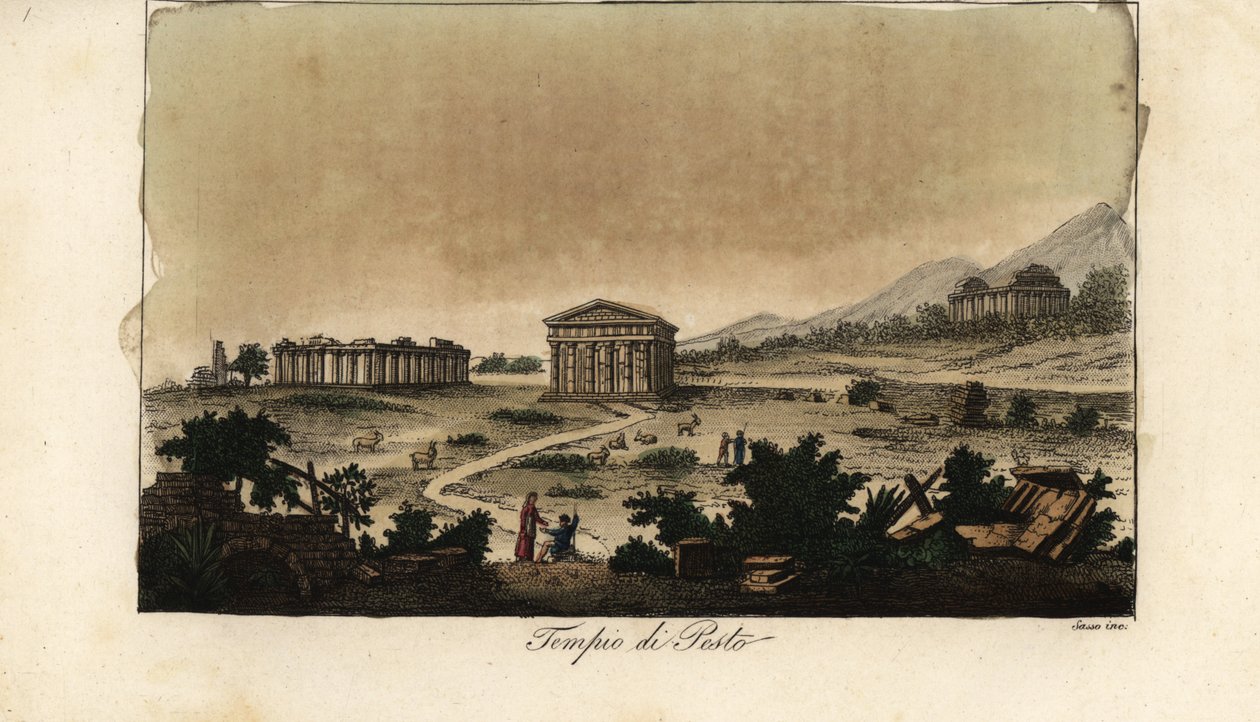 View of the ancient Greek temples of Hera at Paestum, Italy   1401780   no       norwegian Successfully Translated  Original: Henry Williams Dwight (1788 Translat: Henry Williams Dwight (1788 1336203 no norwegian Successfully Translated Original: The Mouth av Giovanni Antonio Sasso