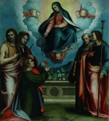 Jomfruen til den hellige girdle med SS. Thomas, døperen Johannes, Louis, John Gualberto og Joseph (olje på lerret) av Giovanni Antonio Sogliani