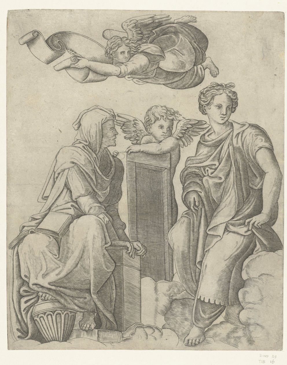To sibyler og engel og putto Dialektikk og logikk av Giovanni Antonio da Brescia (attributed to)
