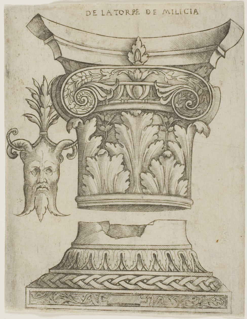 Arkitektoniske detaljer: Base, Kapital og maske av Giovanni Antonio da Brescia
