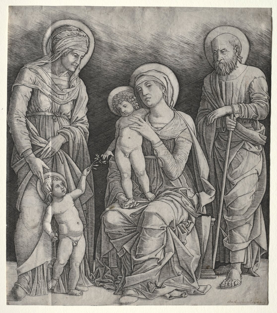 Hellig familie med St. Elizabeth og spedbarnet St. Johannes døperen, ca. 1500. av Giovanni Antonio da Brescia