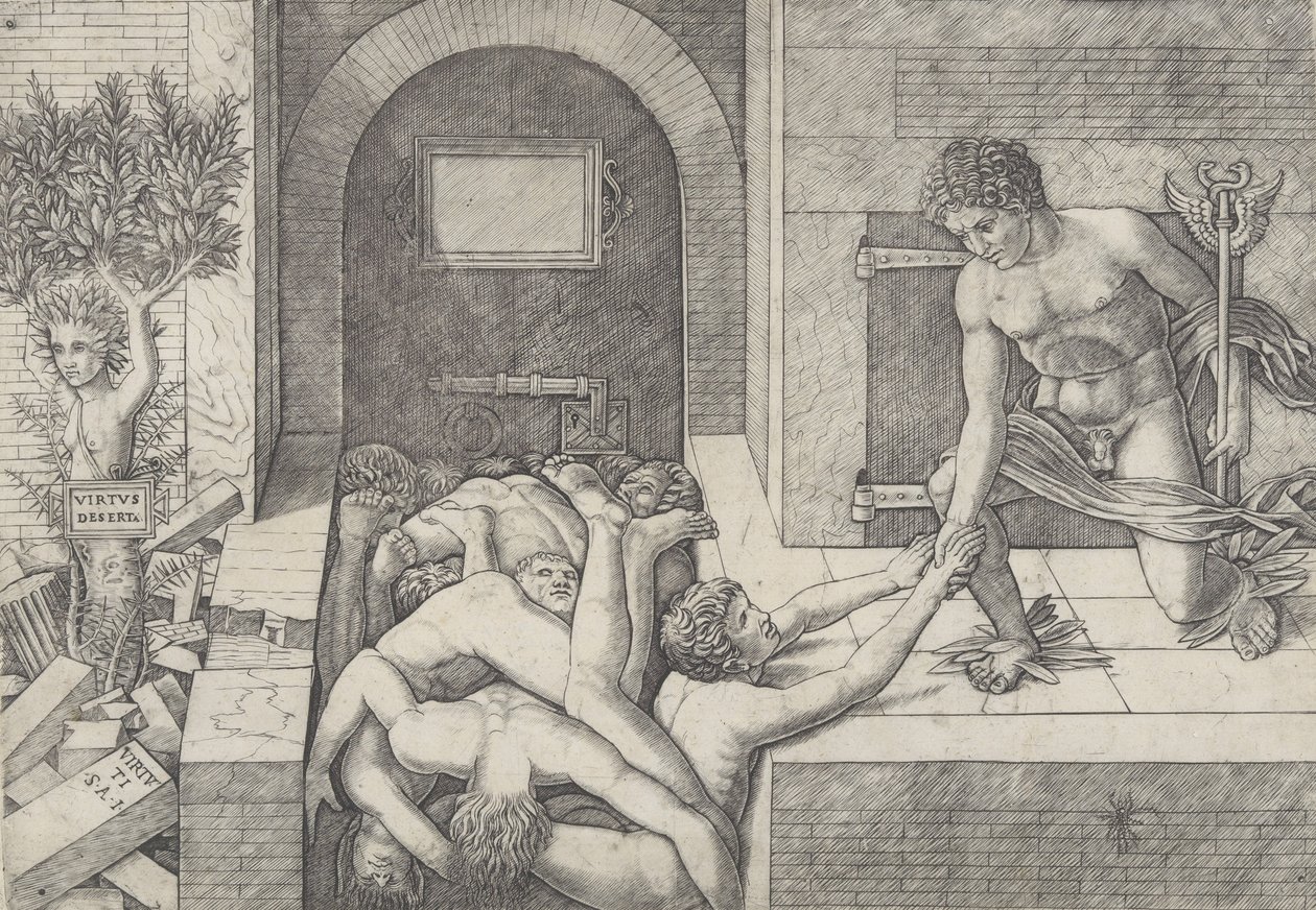 Uvitenhet og Mercury en allegori om dyd og last, Mercury kneler til høyre..., ca. 1490-1525. av Giovanni Antonio da Brescia
