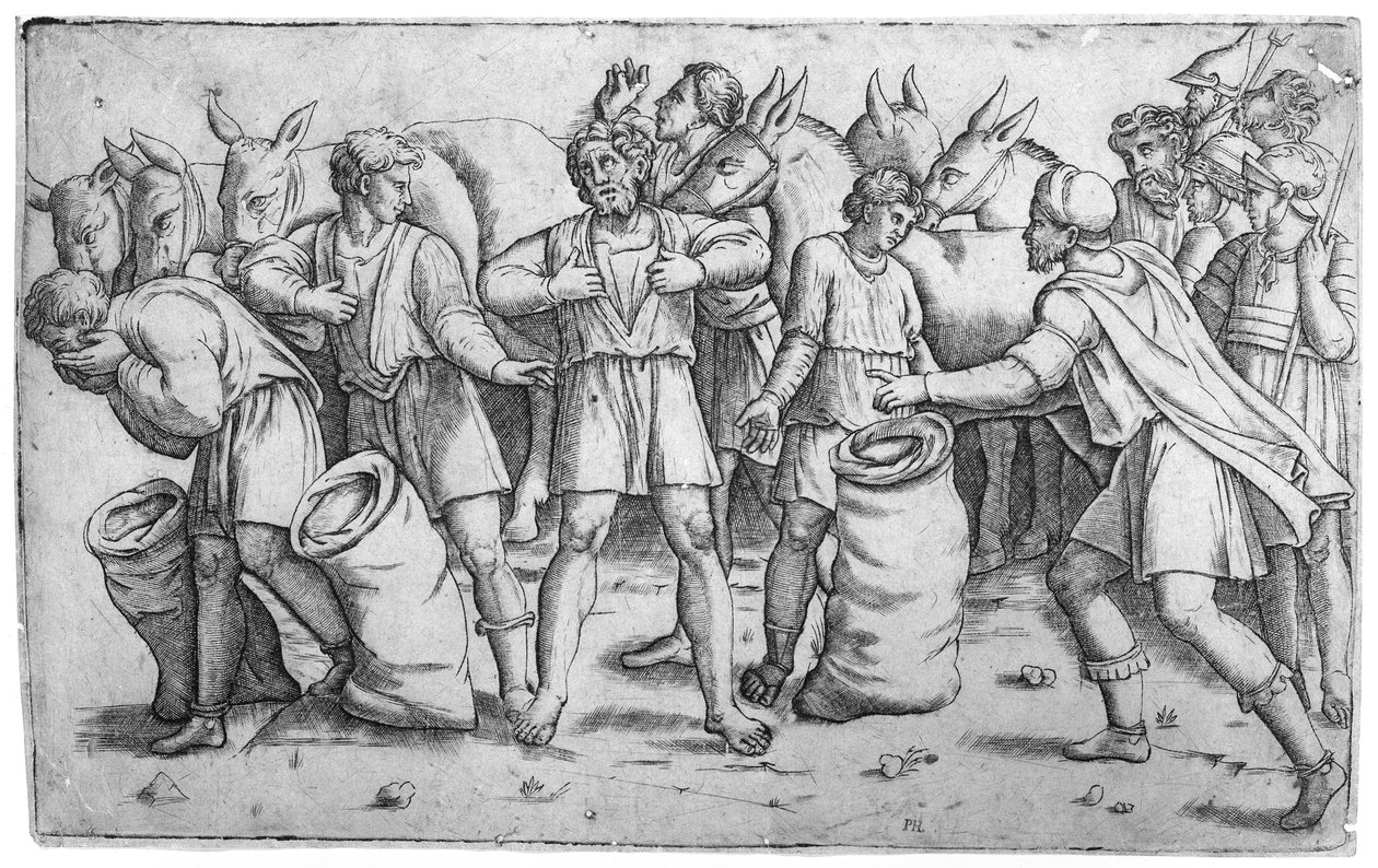 Josefs beger funnet i Benjamins sekk fra den bibelske historien om Josef 1. Mosebok 44..., ca. 1520-25. av Giovanni Antonio da Brescia