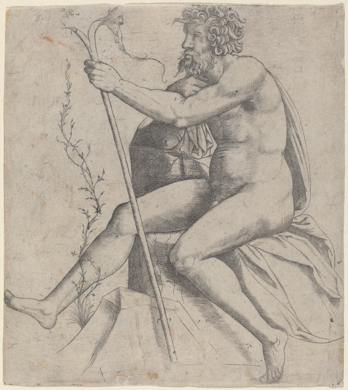 Mann som sitter og holder en gaffelstav av Giovanni Antonio da Brescia