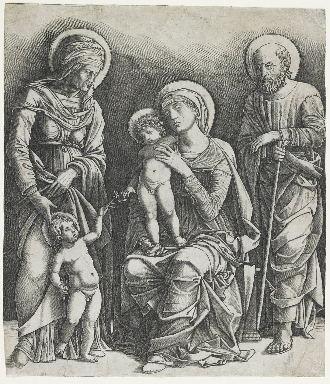 Den hellige familie med spedbarnet Saint John, ca. 1495-1505 (gravering) av Giovanni Antonio da Brescia