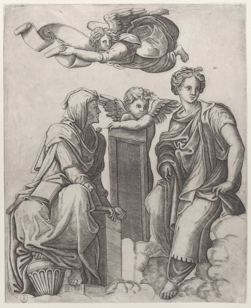 To kvinnelige skikkelser som sitter i skyene som flankerer en engel og en annen som flyr over ..., ca. 1510-25. av Giovanni Antonio da Brescia