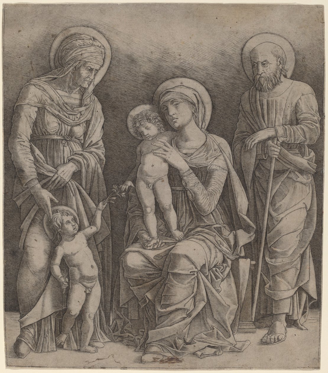 Hellig familie med Saint Elizabeth og spedbarnet Saint John av Giovanni Antonio da Brescia, after Andrea Mantegna