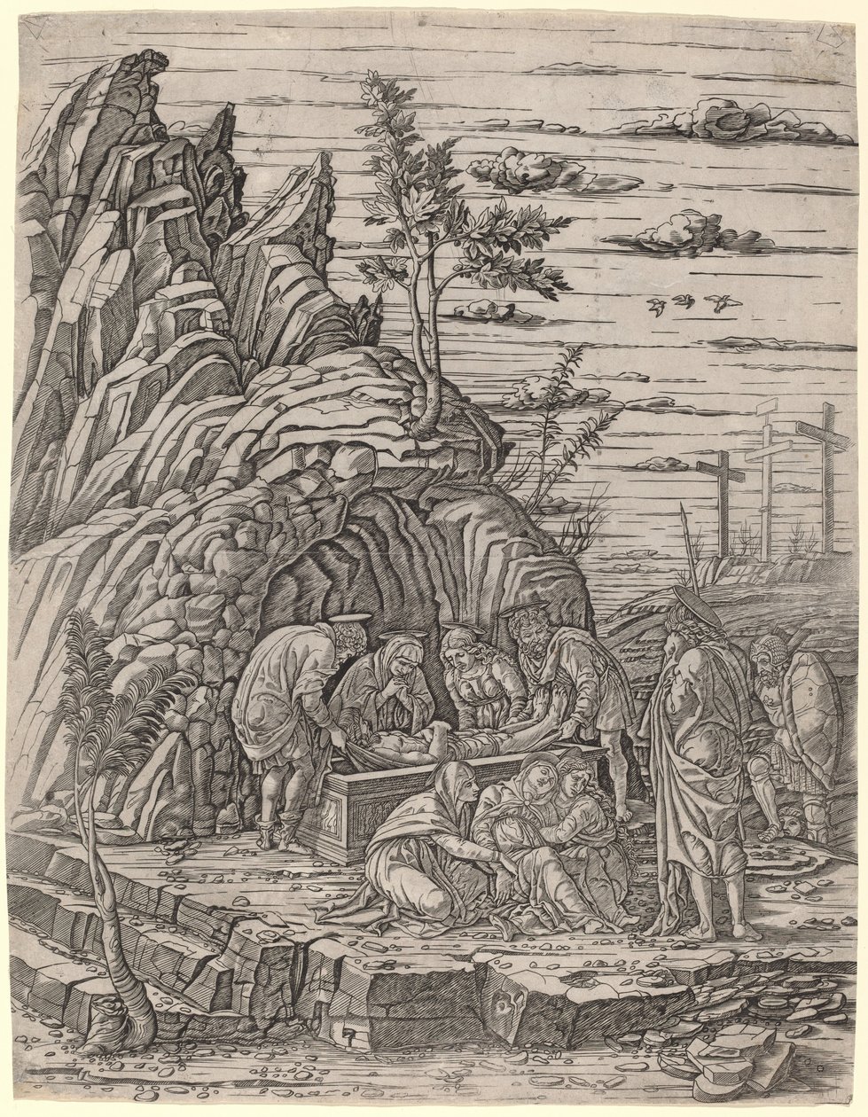 Gravleggingen med tre fugler av Giovanni Antonio da Brescia, after Andrea Mantegna