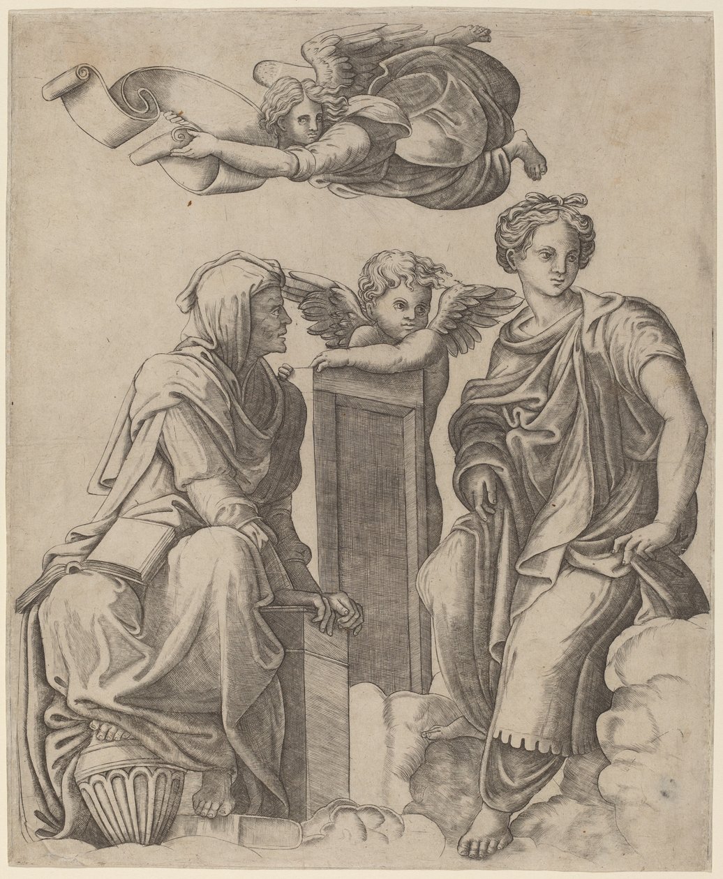 To sibyller og en engel av Giovanni Antonio da Brescia after Raphael