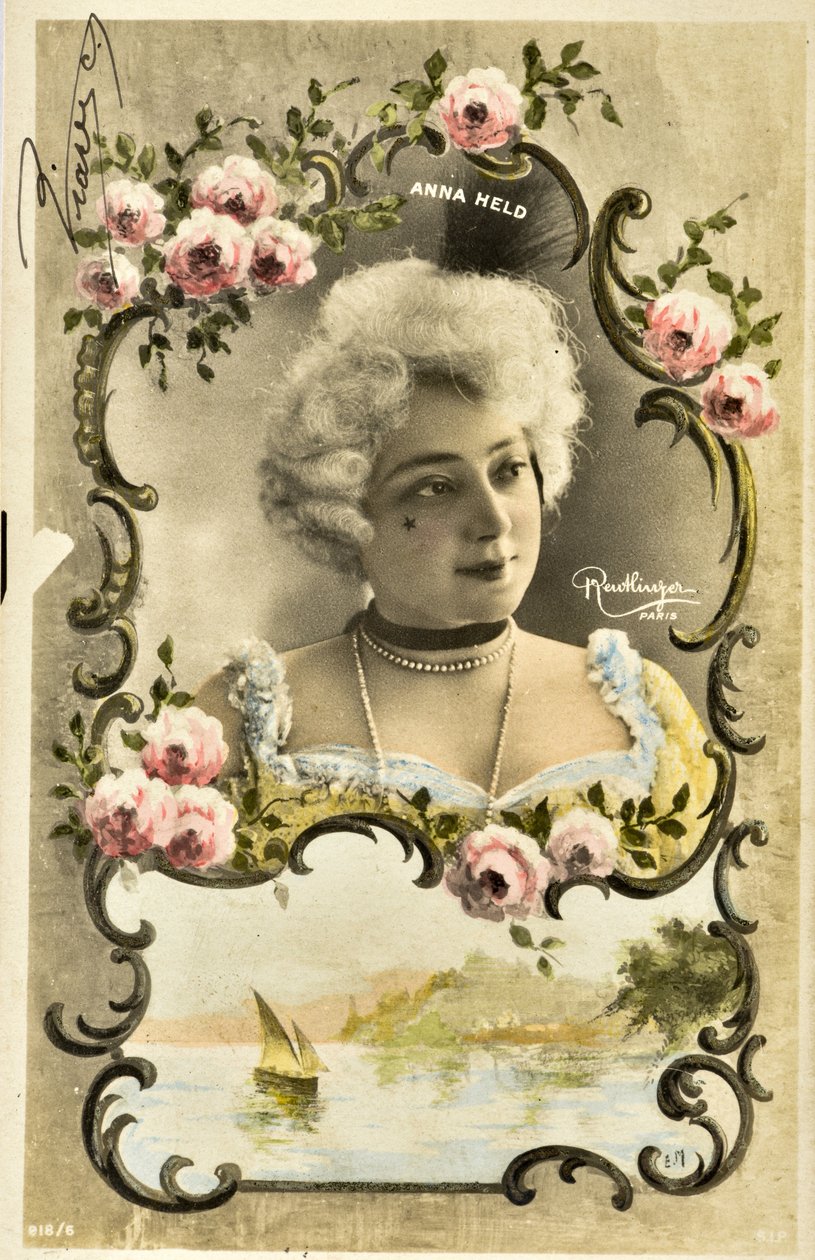 Postkort: Portrett av Anna Held, music hall artist av Phillipe de Marlier