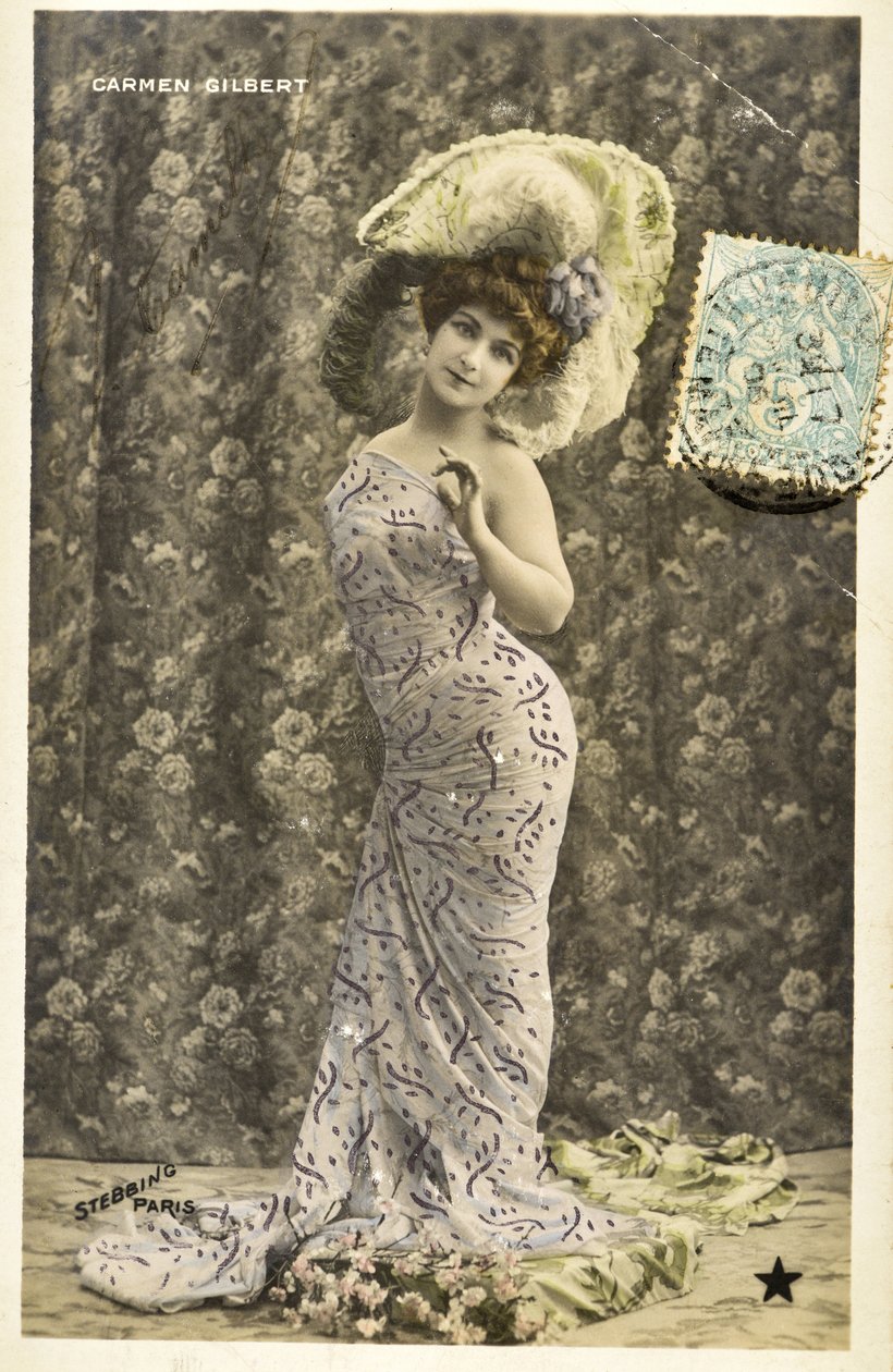 Postkort: Portrett av Carmen Gilbert, Music Hall-artist av Phillipe de Marlier