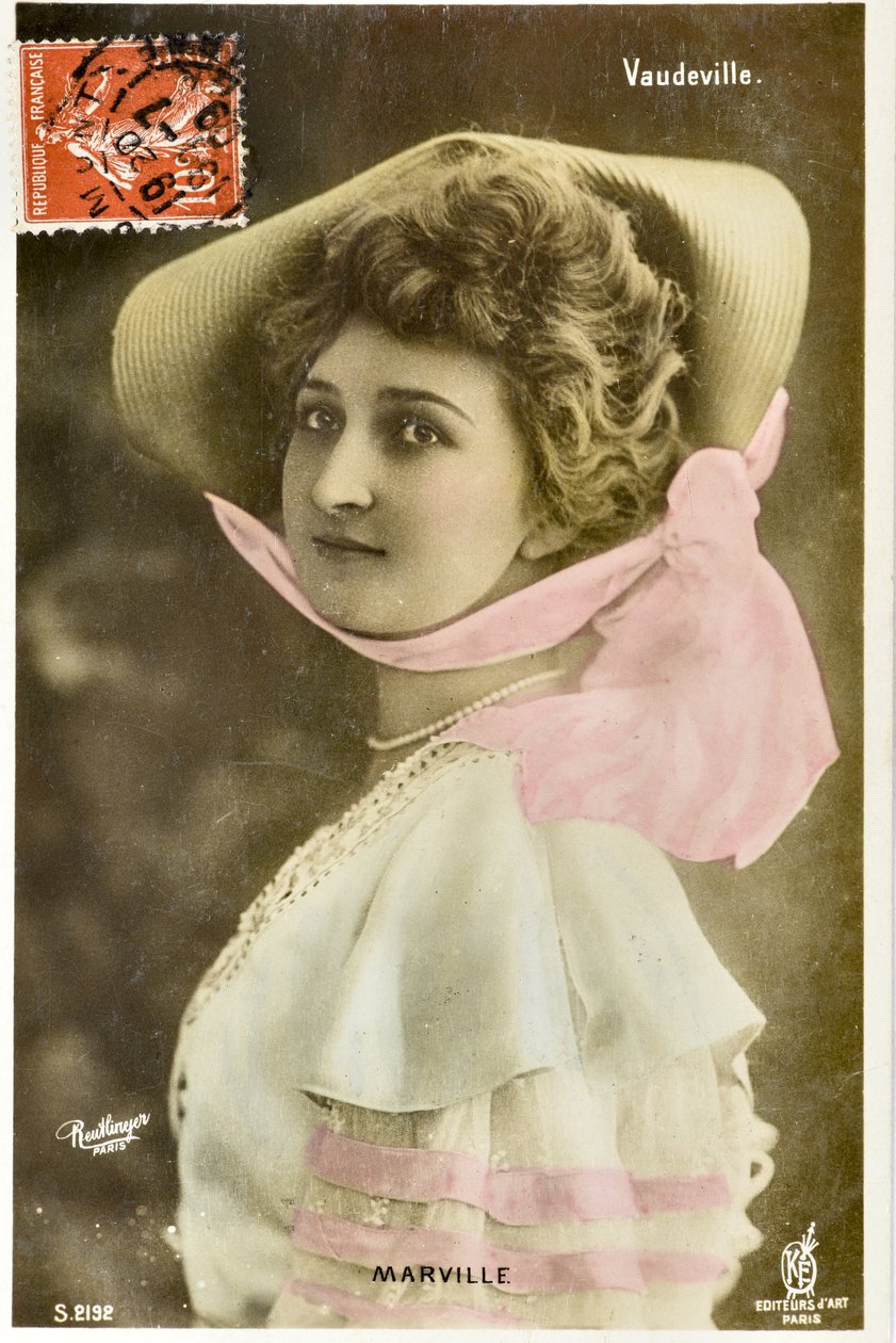 Postkort: Theatre du Vaudeville - Portrett av maddame Marville, kunstneren i Moulin Rouge av Phillipe de Marlier