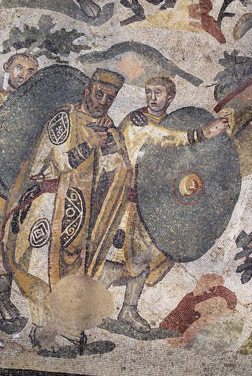 Romersk kunst: detalj av mosaikken ""Den store jaktdelen"". En herre under jakten. 315-350 e.Kr. Piazza Armerina, Villa Romana del Casale. Sicilia, Italia. av Phillipe de Marlier