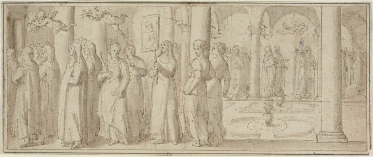 Prosesjon av nonner og nybegynnere som hedrer en mannlig helgen av Giovanni Balducci