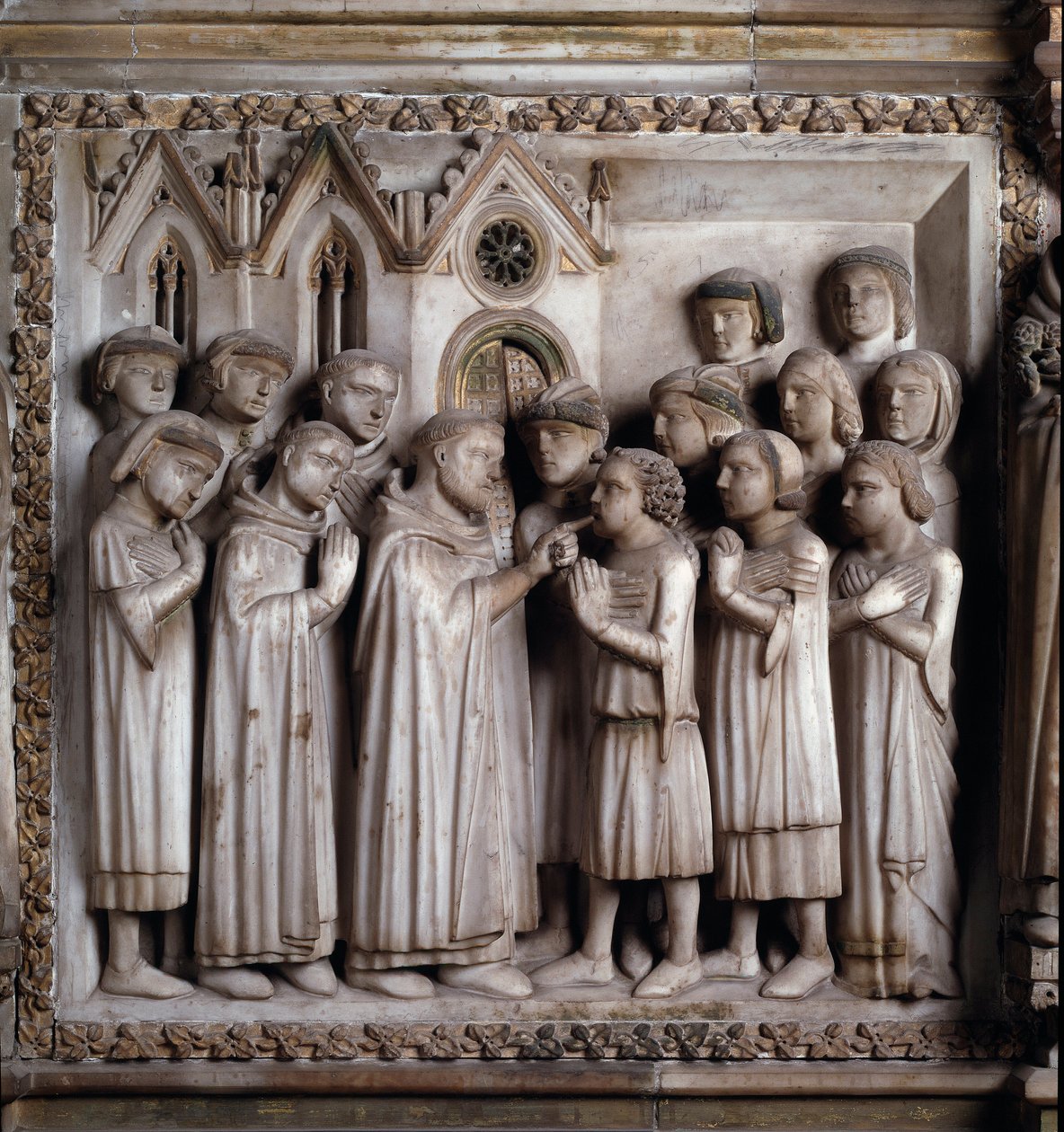De stummes mirakel (Life of St Peter of Verona). detalj av et marmorrelieff av Giovanni Balduccio