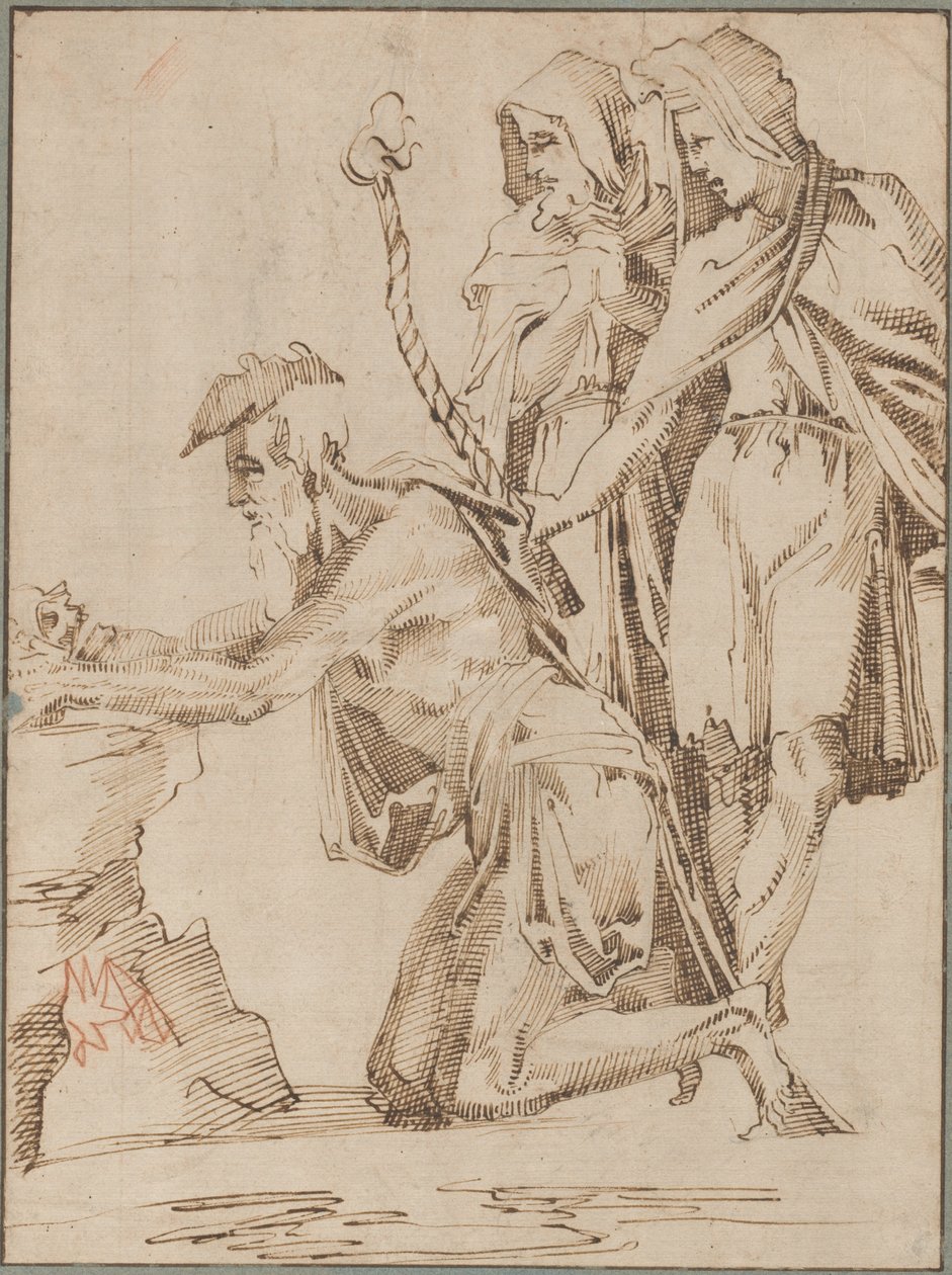 Knelende eremitt og to draperte figurer som vurderer en hodeskalle av Giovanni Bandini