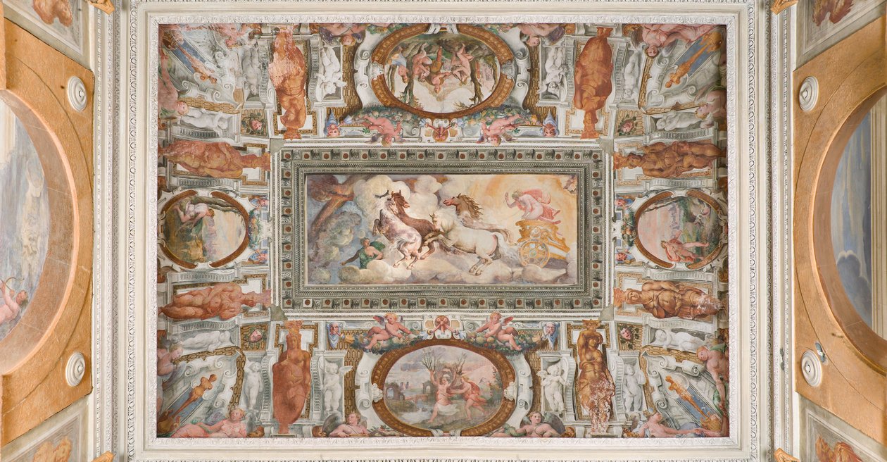 Solvogn drevet av Apollo, Apollo Loggia, ca. 1560 (fresco) av Giovanni Battista and Cambiaso Luca Castello